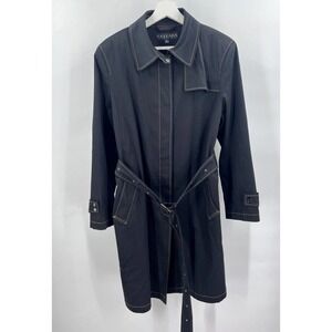 Gallery Stretch Womens Size Large Belted Trench Coat Jacket Black Cotton Blend